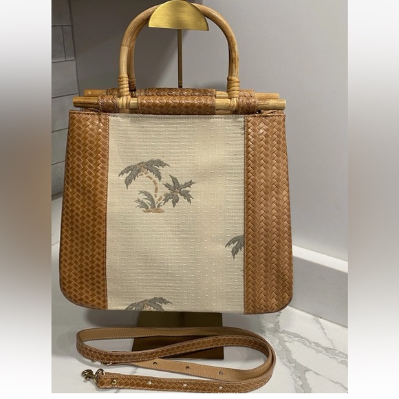 Vintage BRAHMIN PalmTree Bamboo Handles Woven Leather Handbag Crossbody Tropical - Picture 5 of 15
